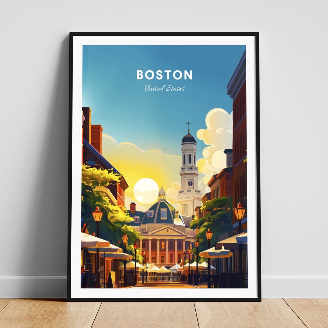 Boston Massachusetts Sunset Historic Clock Tower Square Travel Poster