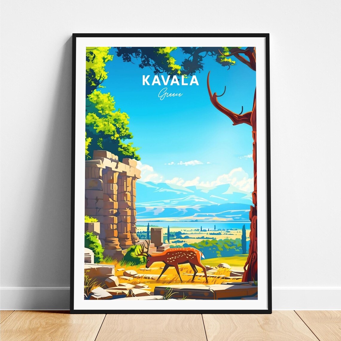 Kavala Greece Deer Ancient Stone Ruins Valley Travel Art Poster