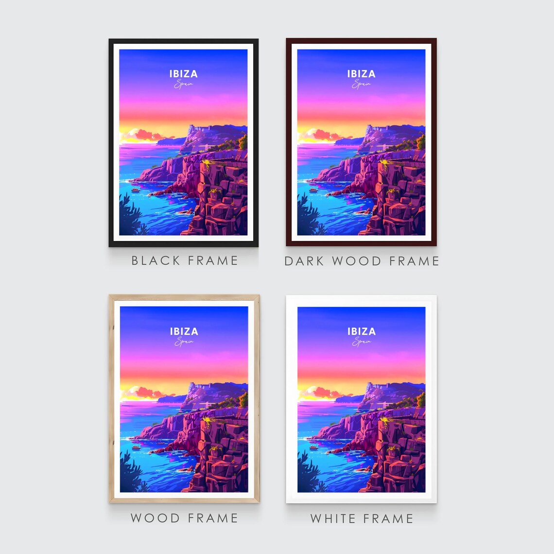 Ibiza Sunset Rocky Cliffs Hilltop Castle Fishing Boats Travel Poster - Image 3