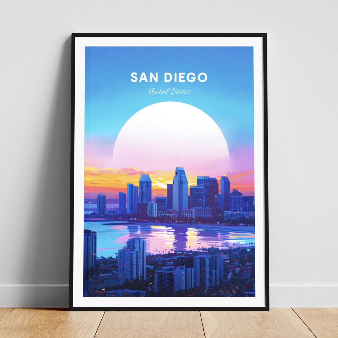 San Diego Big Sun Sunset Skyline Bay California Travel Poster