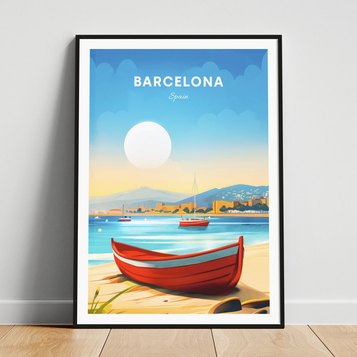 Barcelona Spain Beach Red Rowboat Harbor Sunset Coast Poster