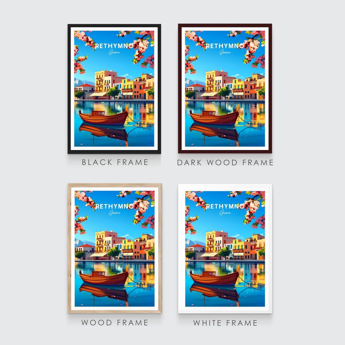 Rethymno Greece Wooden Boat Calm Harbor Reflection Travel Poster - Image 3