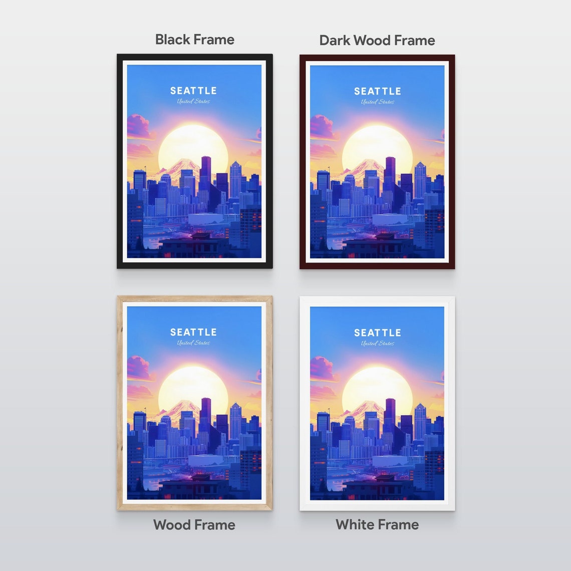 Seattle Skyline Sunrise Giant Sun Mount Rainier Vintage Travel Poster - Image 2