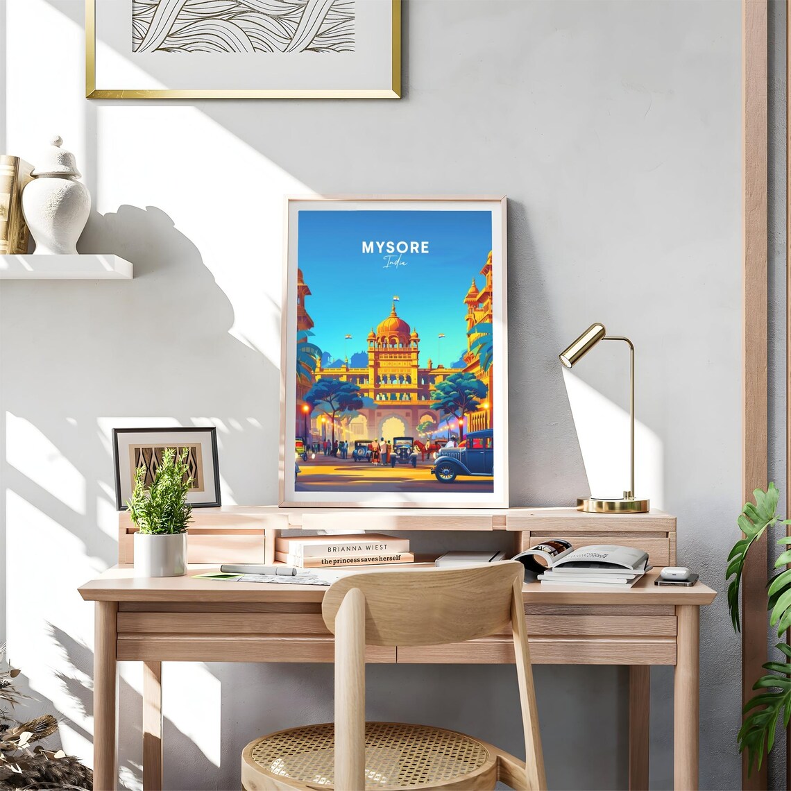 Mysore India Grand Golden Palace with Vintage Cars Travel Poster - Image 4