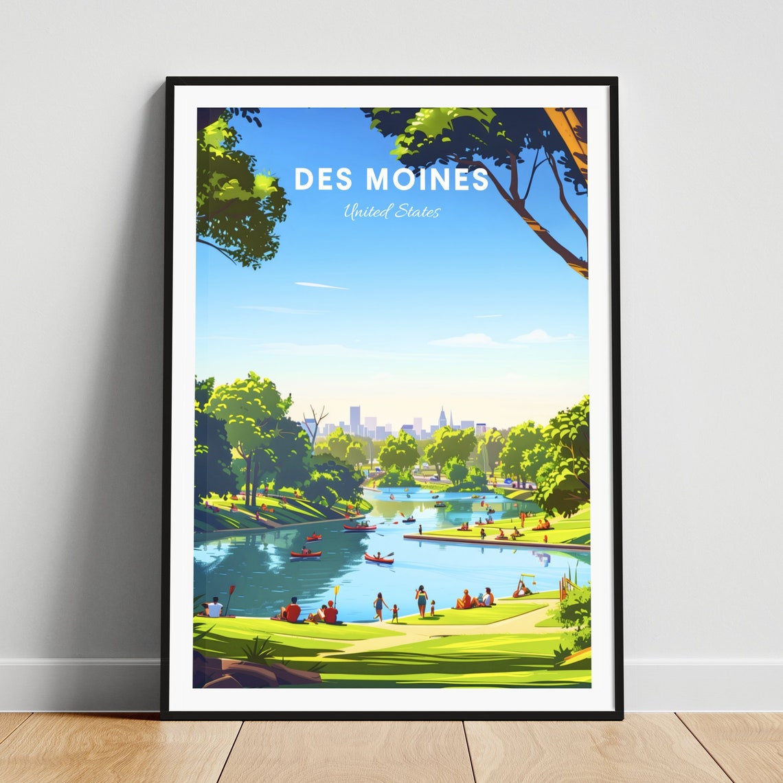 Des Moines Sunny Park Lake Kayakers Summer Day Travel Poster