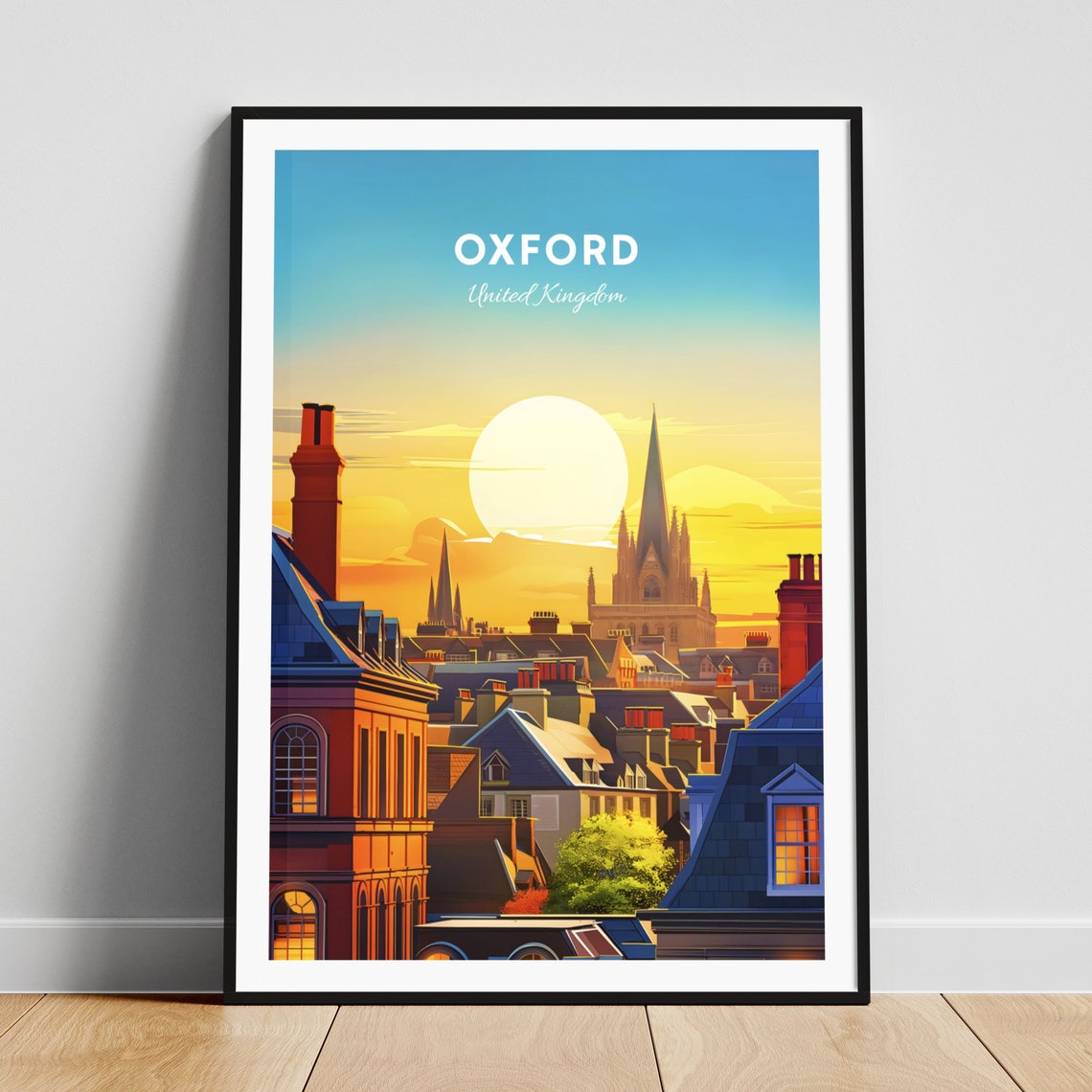 Oxford England Rooftop Spires Golden Sunset Skyline Travel Poster