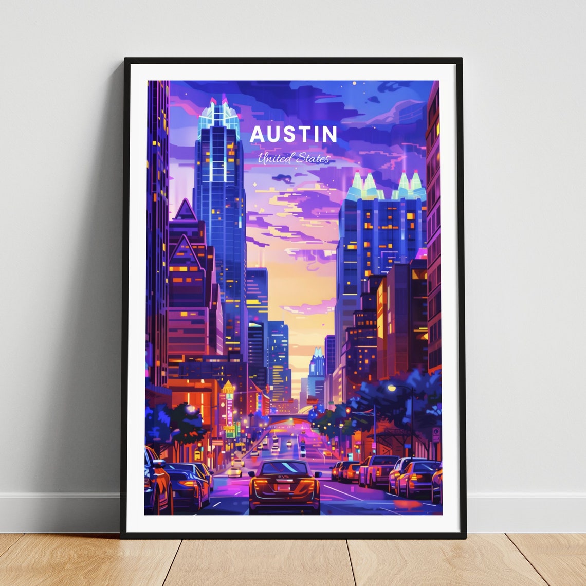 Austin Downtown Street at Night with Glowing Skyscrapers Poster
