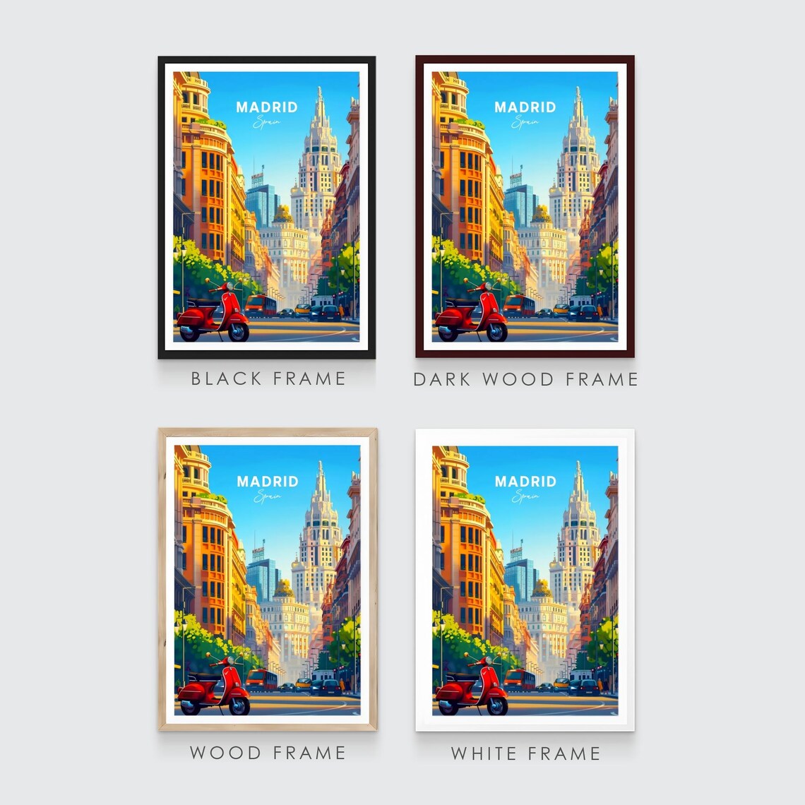 Madrid Gran Via Street Red Scooter Tall Buildings Day Travel Poster - Image 3