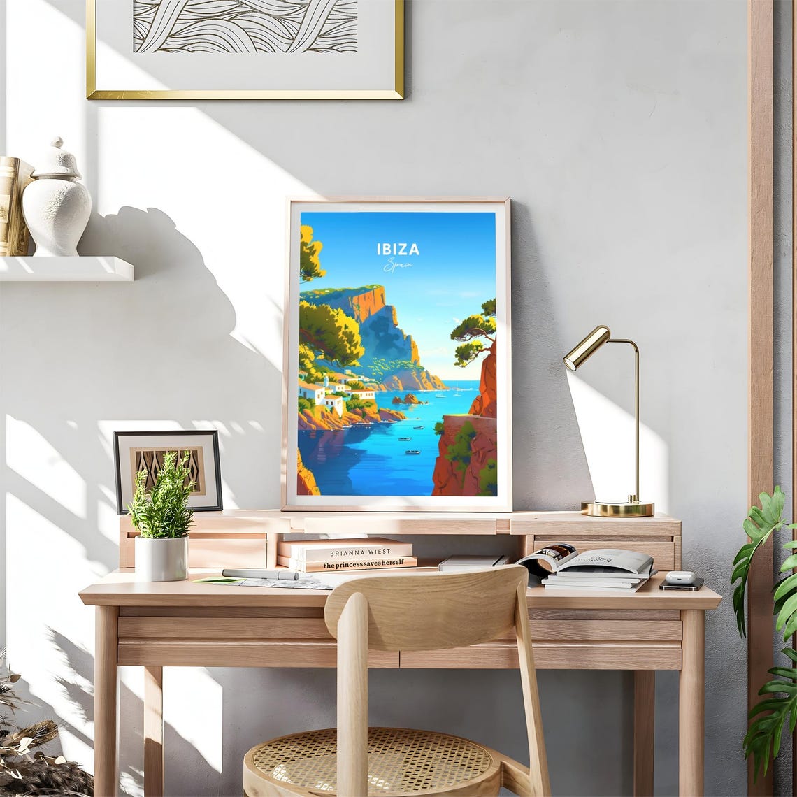 Ibiza Spain Sunny White Cliffside Village Turquoise Cove Poster - Image 4