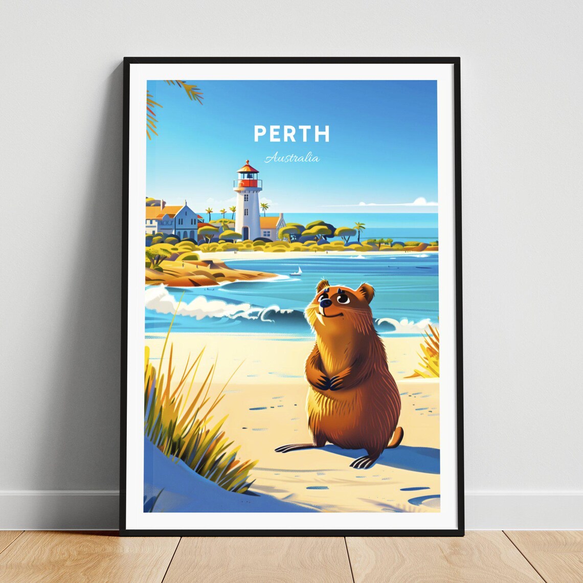Perth Australia Quokka Beach Lighthouse Coastal Scene Poster