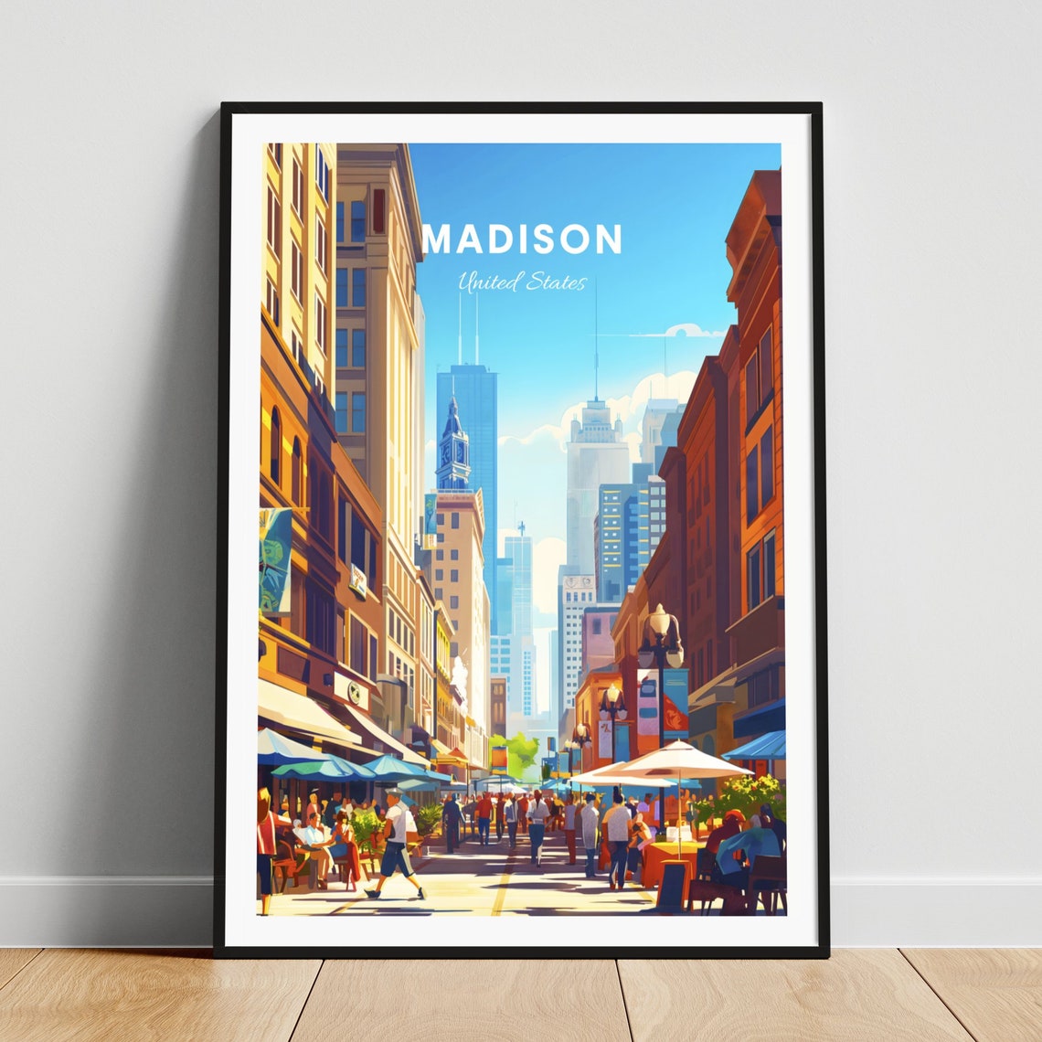 Madison Bustling Street Poster: Cafe Umbrellas and Crowds in the Sun