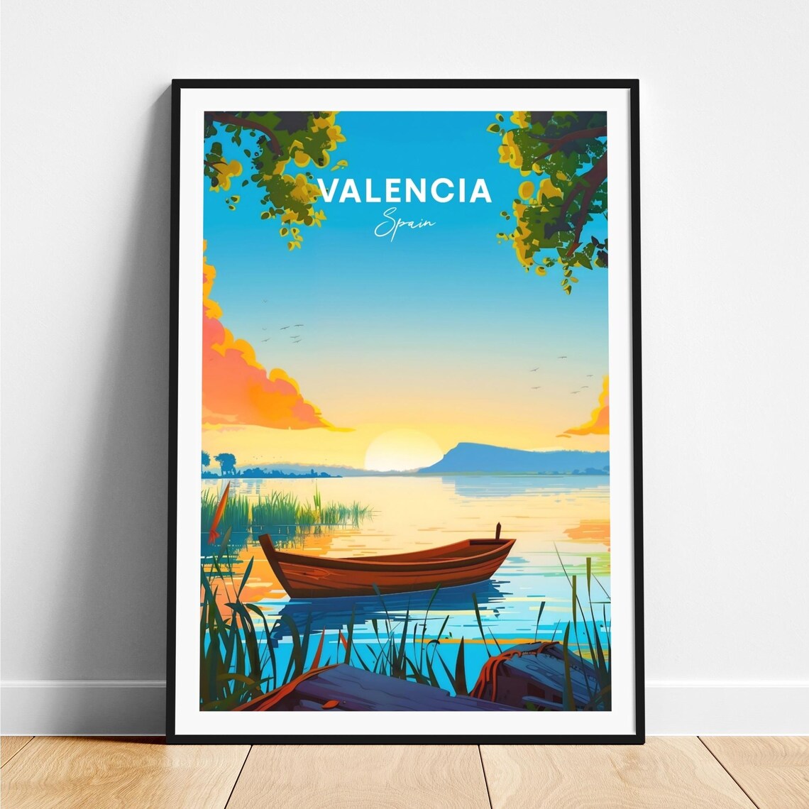 Valencia Spain Golden Sunset Lagoon Wooden Boat Reeds Poster