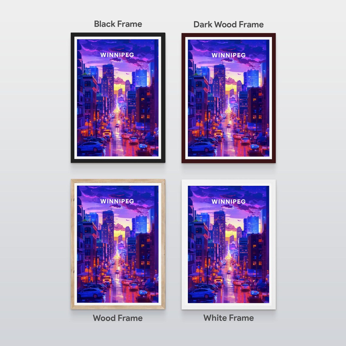 Winnipeg Canada Neon Night Downtown Street City Lights Travel Poster - Image 2