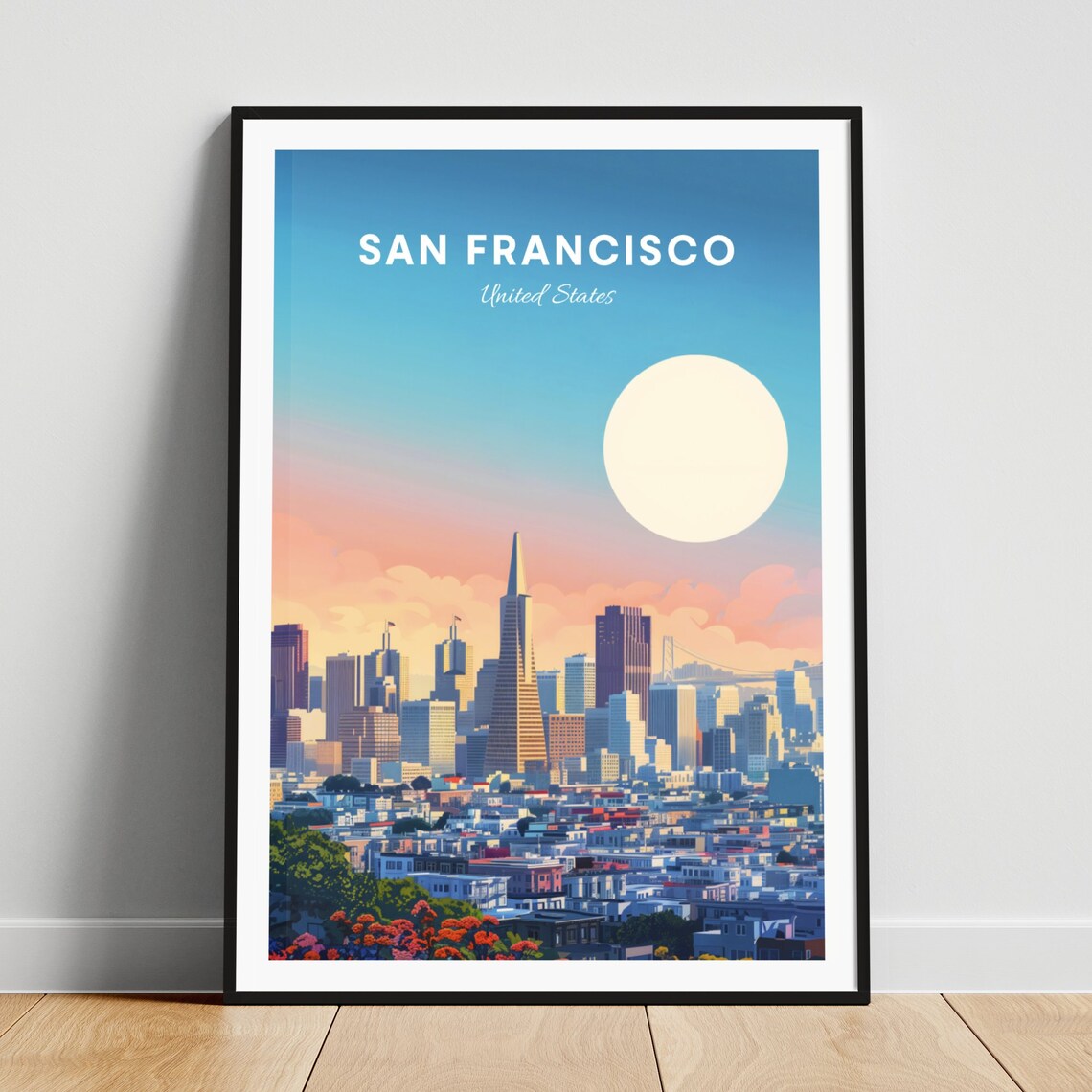 San Francisco Skyline at Sunrise Behind a Giant Golden Sun Poster