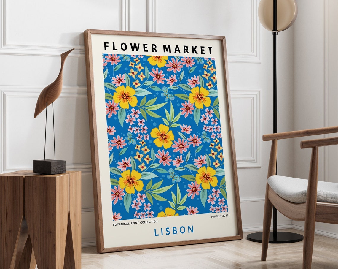 Lisbon Flower Market Print Blue Yellow Flower Market Poster Floral Art Poster Botanical Gallery Wall Boho Flower Market Print F171