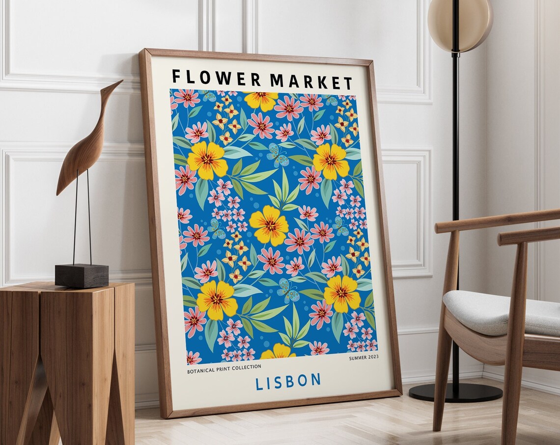 Lisbon Flower Market Summer 2023 Bright Blue Yellow Floral Poster