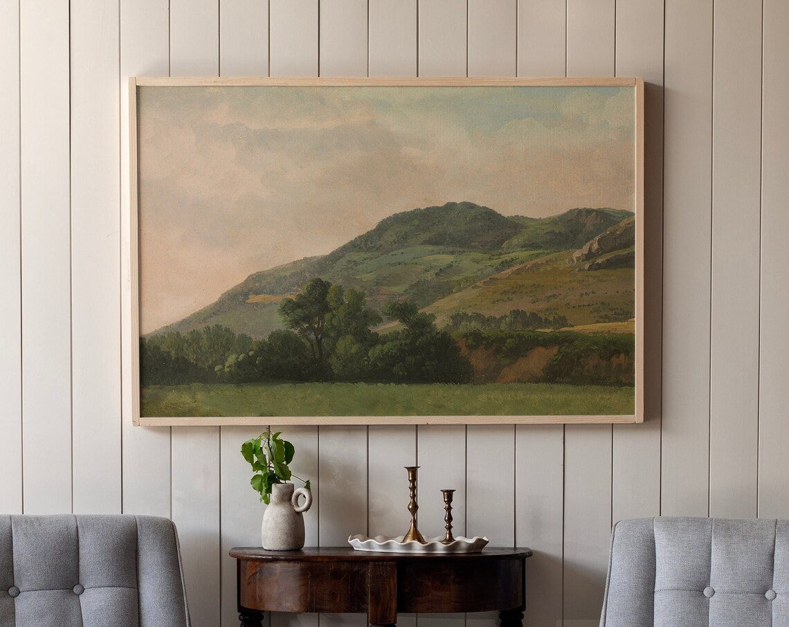 Vintage Mountain Oil Painting, Mountain Scene Art Print