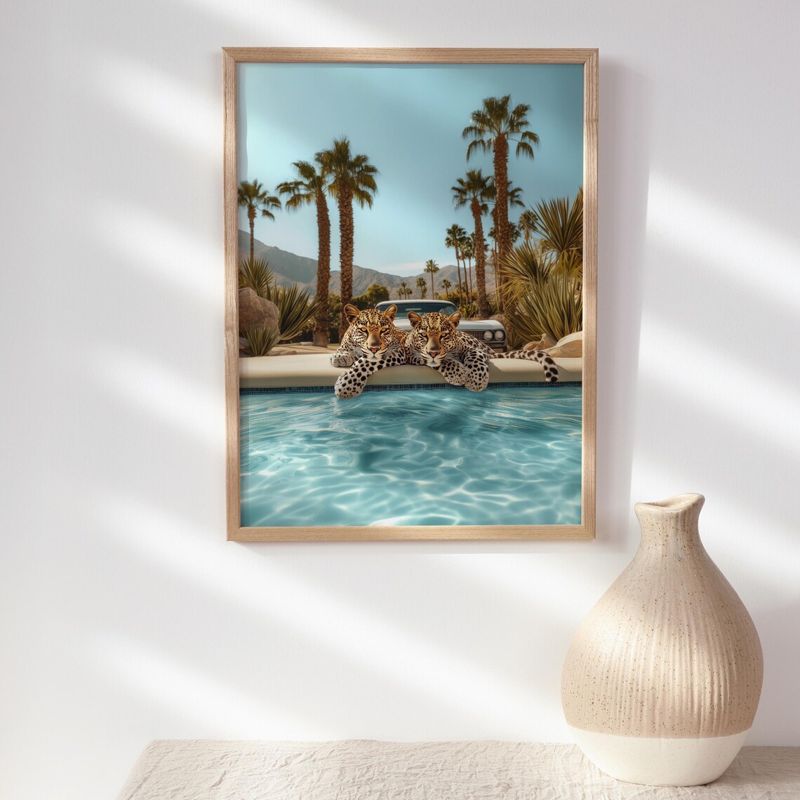 Two Leopards Resting at a Palm Springs Pool with Retro Car Poster - Image 2