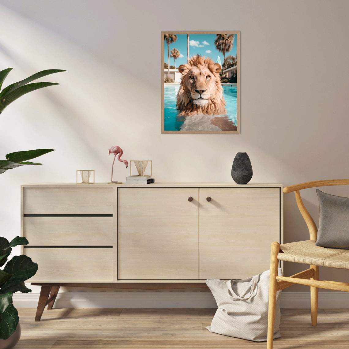Majestic Lion Swimming in a Turquoise Palm Springs Pool Poster - Image 2