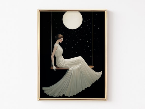 Art Deco Wall Art Vintage Poster Woman In A White Gown Moon And Stars Art Print