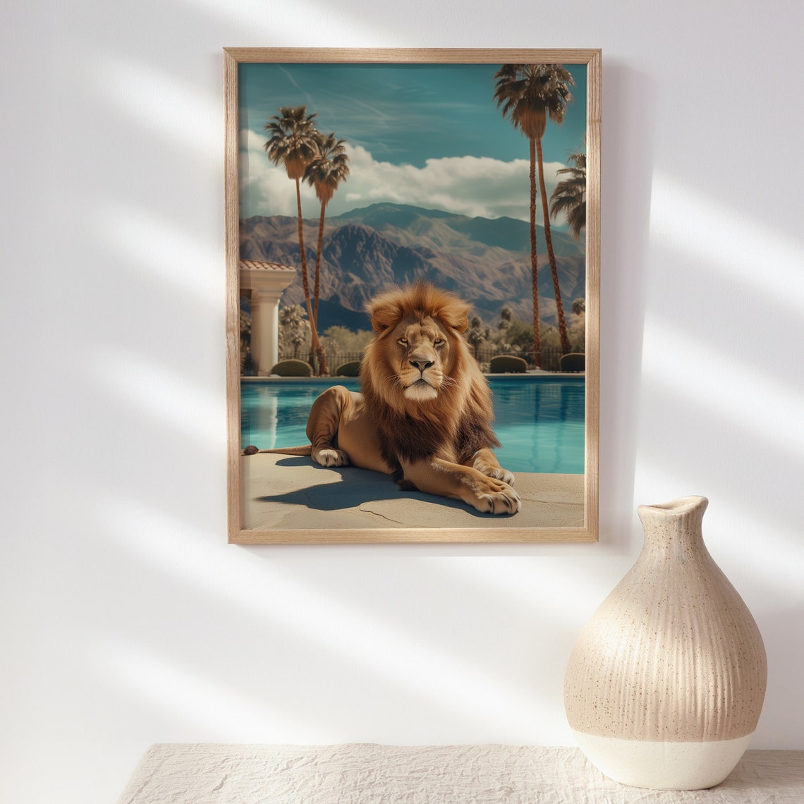 Majestic Lion Poolside Palm Trees Desert Mountains Resort Wall Art - Image 2