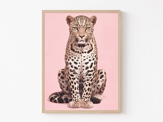 Regal Leopard Sitting Upright Against a Blush Pink Background Wall Art