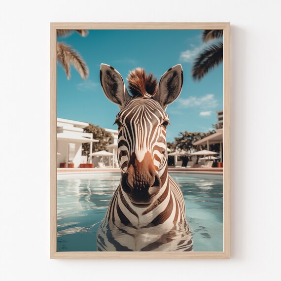Zebra Swimming In Turquoise Resort Pool Funny Summer Wall Art