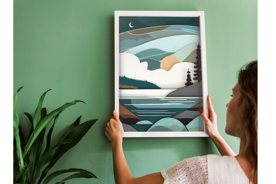 Moonlit Lake Waves Layered Paper Cut Style Night Landscape Poster - Image 2