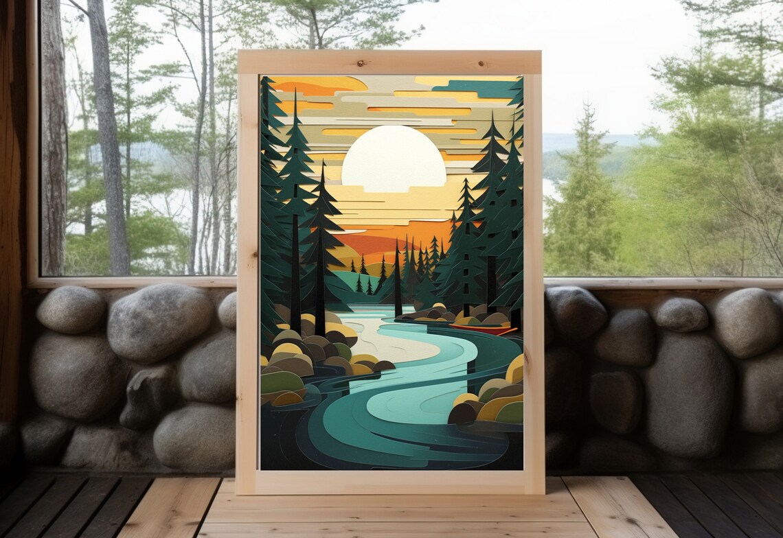 Vintage Pine Tree Sunset Art Print, Lake Superior - Image 5