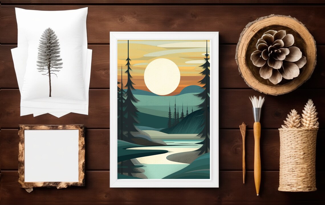 Vintage River Print, Rustic Cabin Nature Art - Image 3