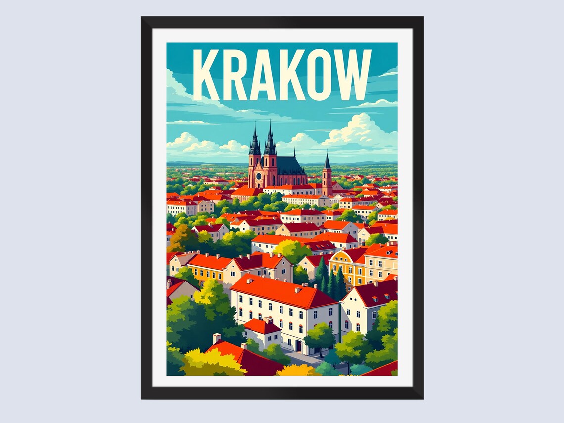 Krakow Poland Retro Travel Poster Old Town Church Red Roofs City