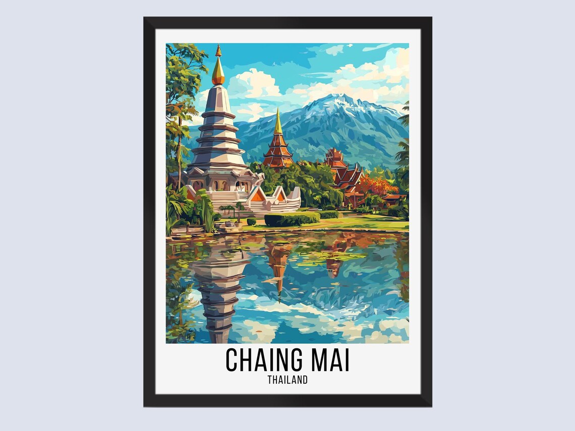 Chaing Mai Thailand Temple Lake Reflection Tropical Travel Poster