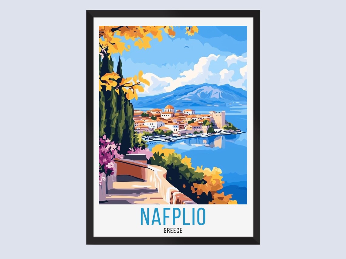 Sunny Colorful Nafplio Greece Hilltop Town Bay Travel Poster