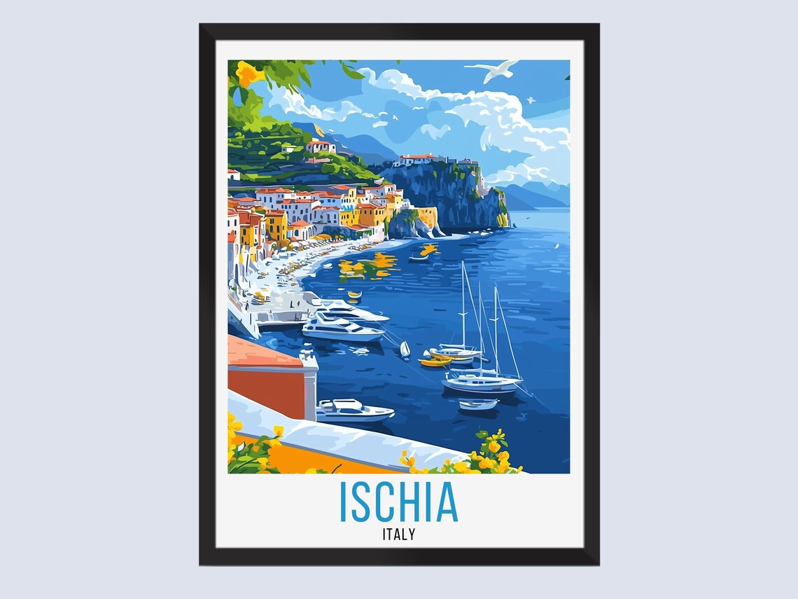 Sunny Ischia Italy Mediterranean Harbor Vintage Travel Poster
