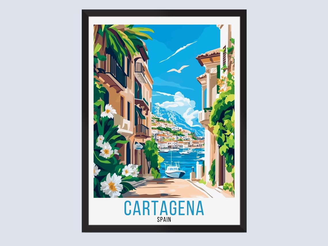 Cartagena Spain Harbor Street White Flowers Vintage Travel Poster