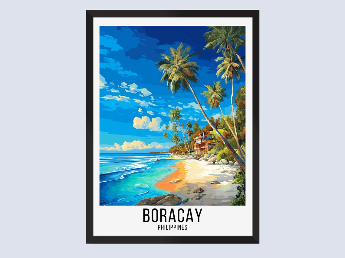 Boracay Philippines Tropical Beach Palm Tree Vintage Travel Poster