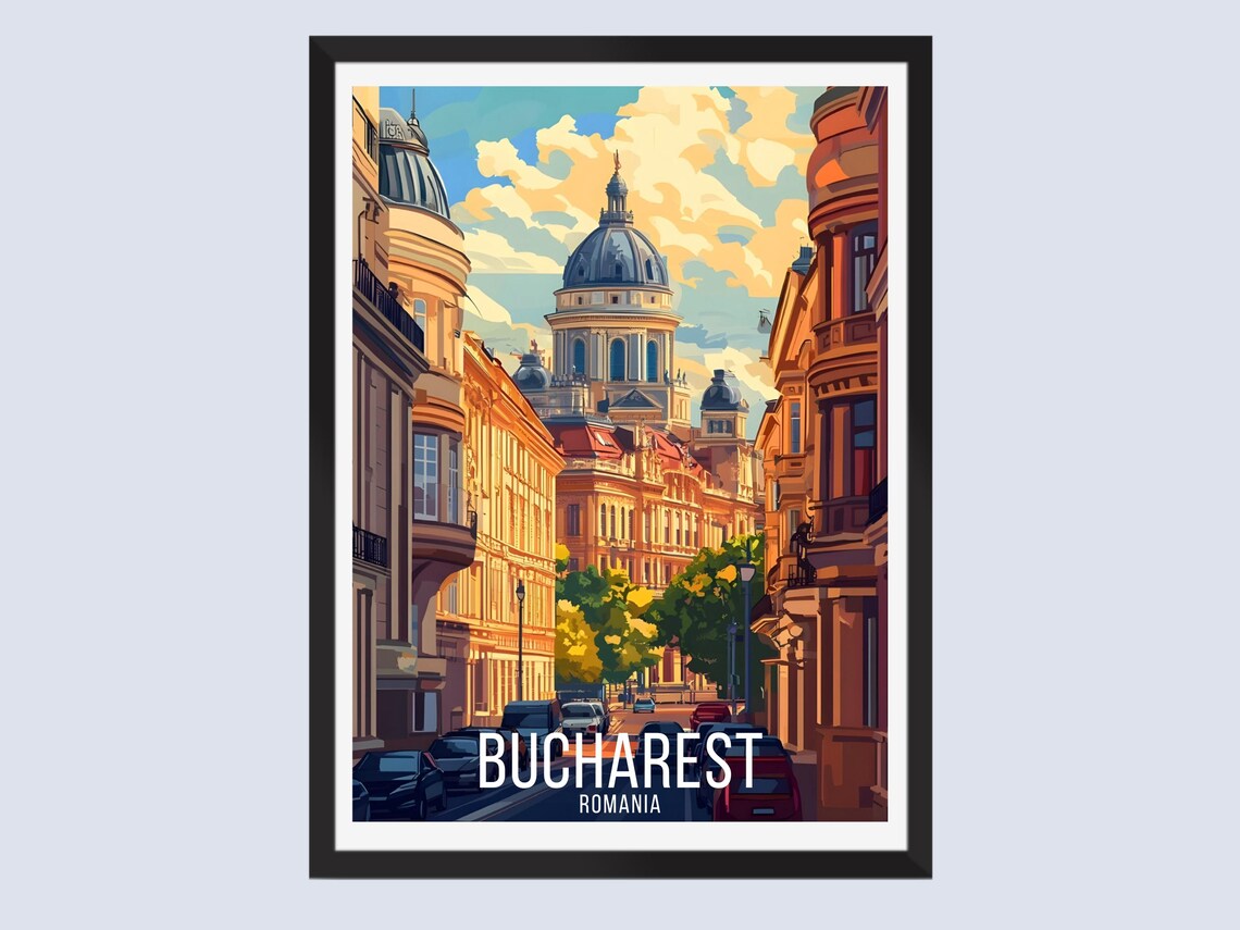 Bucharest Romania Cathedral Street Autumn City Vintage Travel Poster