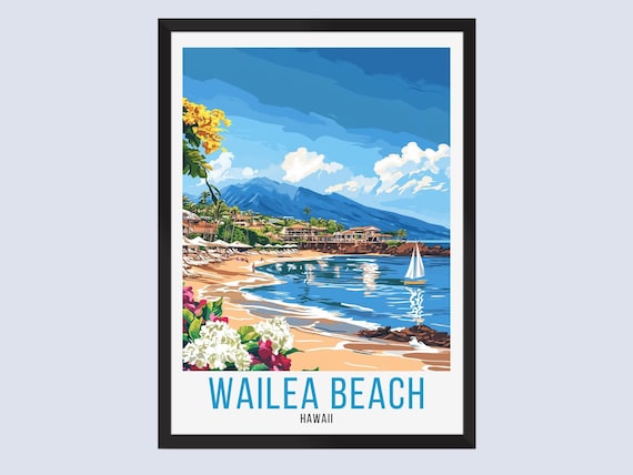 Wailea Beach Hawaii Vintage Travel Style Sailboat Coast Tropical Poster