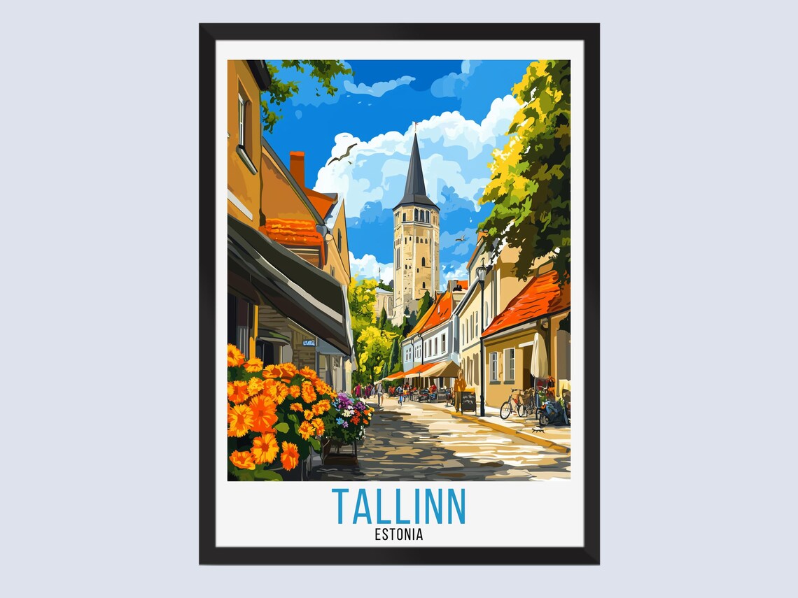 Tallinn Estonia Flower Market Sunny Cobblestone Street Travel Poster