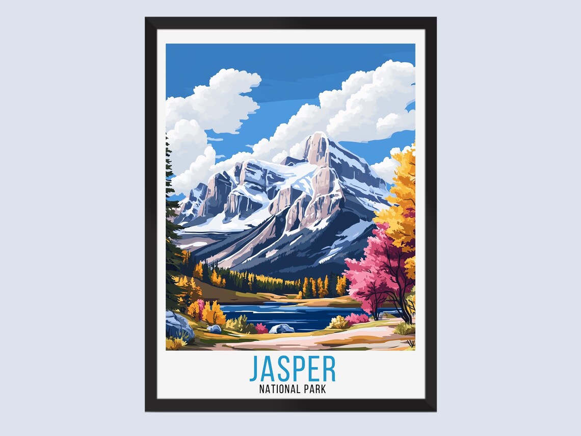 Jasper National Park Snowy Mountain Autumn Lake Travel Poster