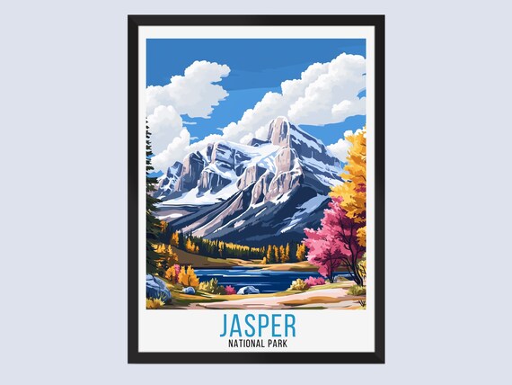 Jasper National Park Snowy Mountain Autumn Lake Travel Poster