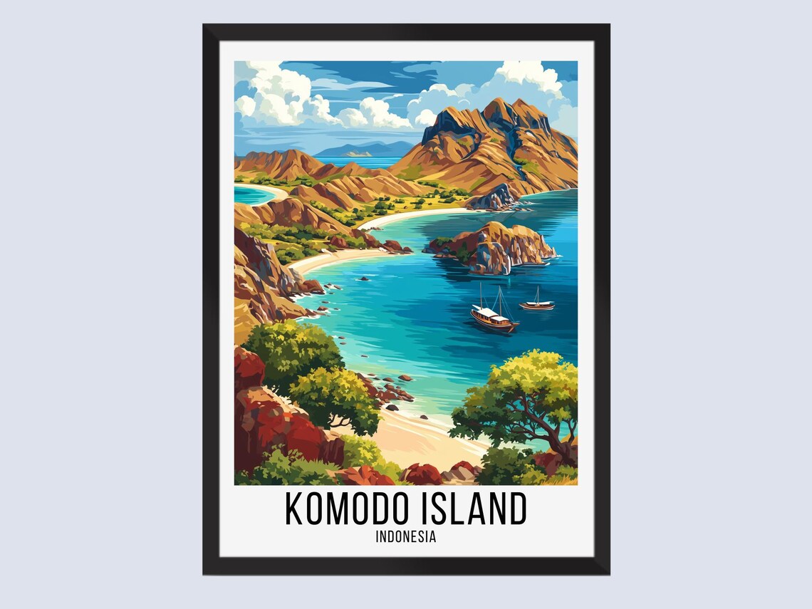 Komodo Island Indonesia Rocky Coast Boats Tropical Bay Travel Poster