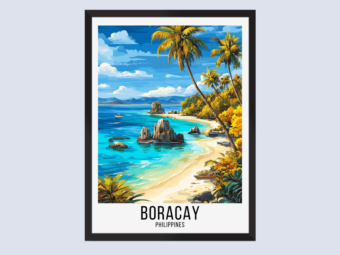 Boracay Philippines Rocky Cove Boats Turquoise Sea Travel Poster
