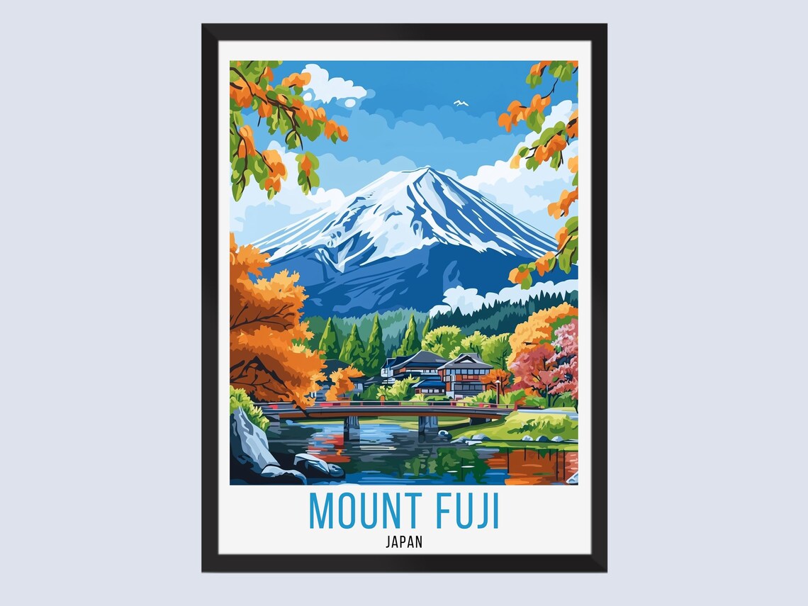 Mount Fuji Japan Vintage Travel Poster With Autumn River And Village