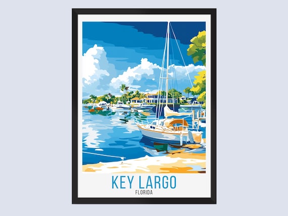 Key Largo Florida Vintage Travel Poster Sailboat Marina Palm Trees Art