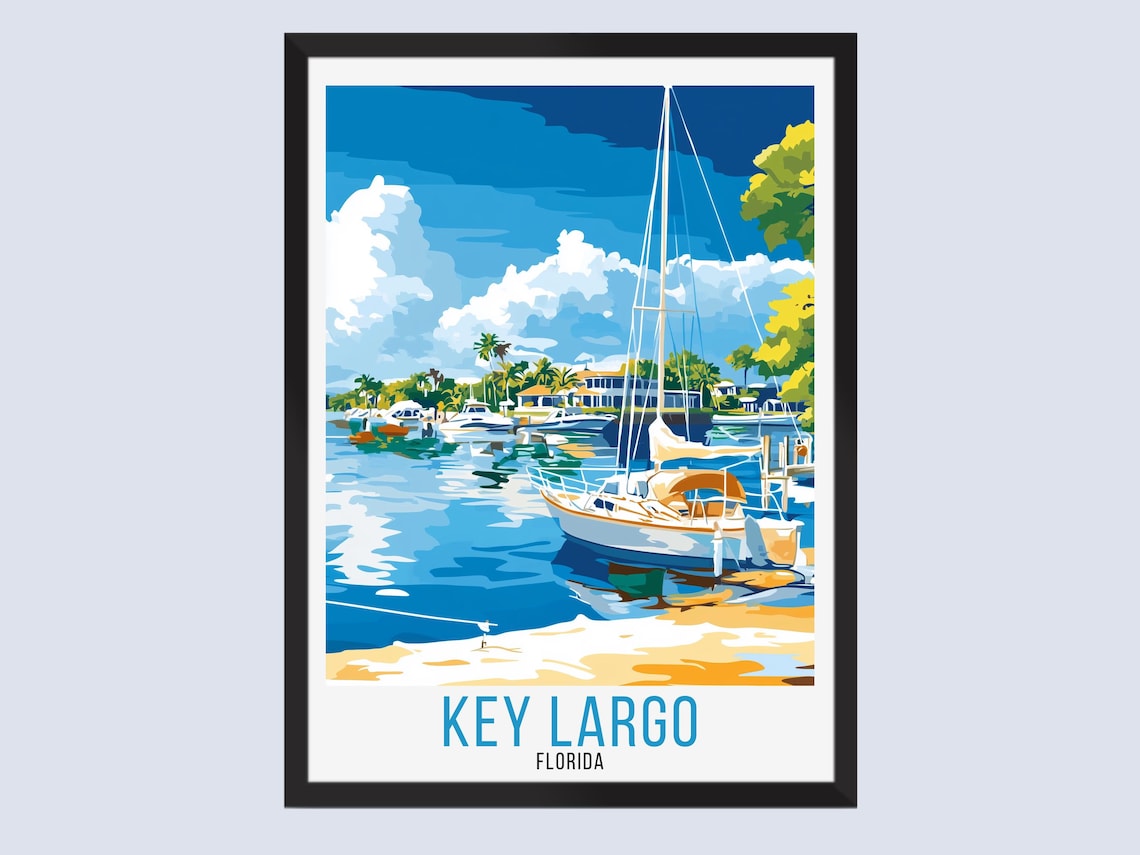 Key Largo Florida Vintage Travel Poster Sailboat Marina Palm Trees Art