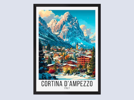 Cortina d'Ampezzo Italy Snowy Mountain Ski Resort Travel Poster