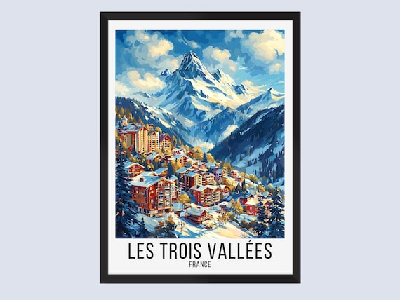 Les Trois Vallees France Mountain Village Winter Ski Travel Poster