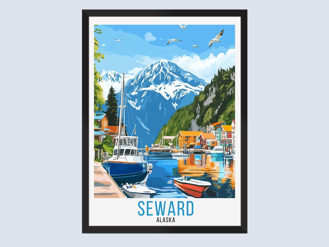 Seward Alaska Harbor Fishing Boats Snowy Mountain Travel Poster