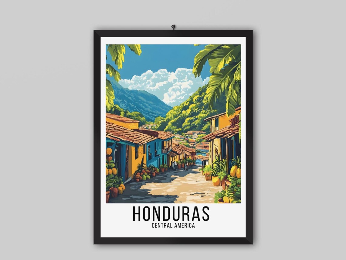 Honduras Central America Colonial Village Street Vintage Poster